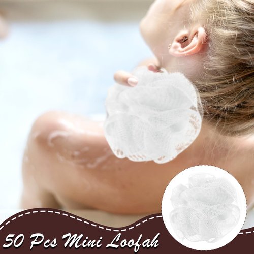 Suttmin 50 Pcs Loofah Sponge Bulk Mini Shower Sponge 3 Inch Loofahs Shower Pouf Mesh Shower Ball for Women Kids Men Exfoliating Bath Scrubber Travel Size Shower Gift(White)