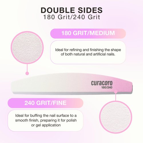 Curacoro 10 PCS Nail File - Professional Half-Moon Nail Files Double Sided Emery Board (180/240 Grit), Washable Nail Files and Buffers, Smooths & Shapes Nails, Manicure & Pedicure Buffing Tools