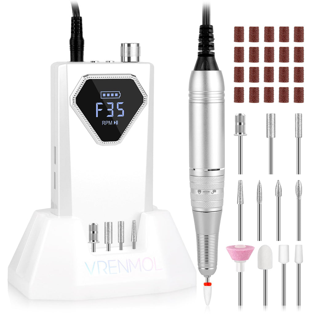 Vrenmol Professional Electric Nail Drill: 35000RPM Rechargeable Nail Drill Machine with Base Portable Nail File with Nail D rill Bits for Remove Gel Dip Acrylic Nails Nail Art Salon Use White