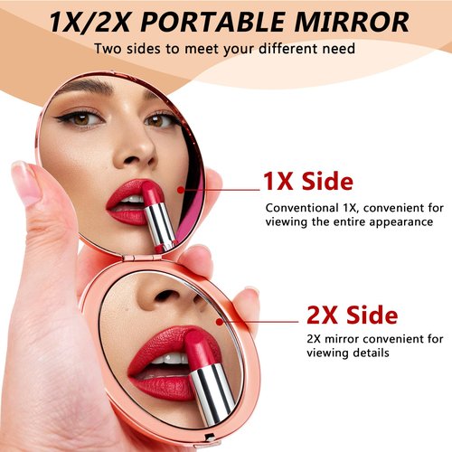 HAPUTDY Portable Compact Metal Folding Makeup Mirrors, Beautiful and Elegant,1X/2X Magnifier. (Rose Gold)