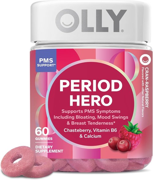 OLLY Period Hero Gummies - PMS Support with Chasteberry & Vitamin B6 | Cran-Raspberry Flavor, 60 Count