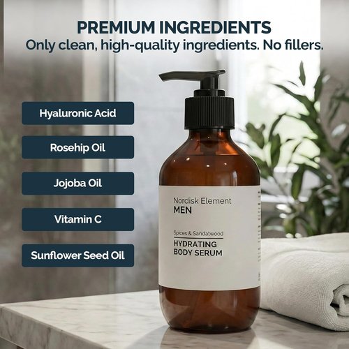 Nordisk Element Body Serum for Men - Lightweight Hydrating Serum with Hyaluronic Acid | 9.13 Fl Oz, Vegan Sandalwood Scent