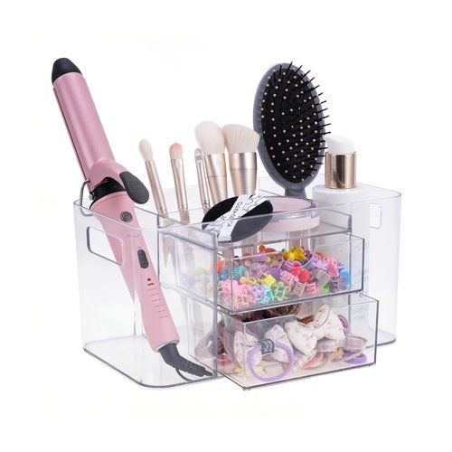 Imakmasion 2-Drawer Hair Accessories Organizer, Large Capacity Clear Acrylic Vanity Organizer with 3 Compartments, Hair Brush Holder for Hair Ties, Clips, Scrunchies and Bobby Pins