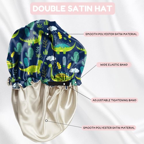 BHAHB 2 PCS Kids Bonnets for Girls Boys Satin Silk Hair Bonnets Double Layer Elastic Adjustable Hair Caps for Sleeping Reusable Cute Aesthetic-Shark Dinosaur