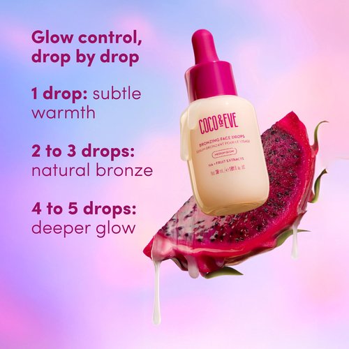 Coco & Eve Sunny Honey Bronzing Face Tanning Drops (Medium Glow) for Natural Self Tanning Hydrating Hyaluronic Acid. Gradual Face Tanning Serum. Indoor Sunless Moisturizing Self Tanner (1 fl oz)