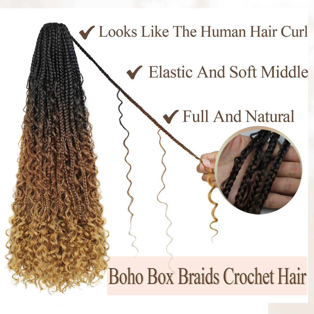 Vustbeauty 9 Packs Boho Box Braids Crochet Hair 24 Inch Goddess Box Braids Crochet Hair With Curly Ends Synthetic Bohemian Braids Hair Extension For Women (24inch, 1b/30/27)