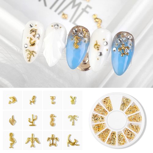 DANNEASY 6 Boxes 3D Gold Nail Charms for Summer Women Nail Jewels Metal Shell Cross Butterfly Nail Art Charms Nail Studs Nail Jewelry for Acrylic Nails DIY Craft Nail Decoration