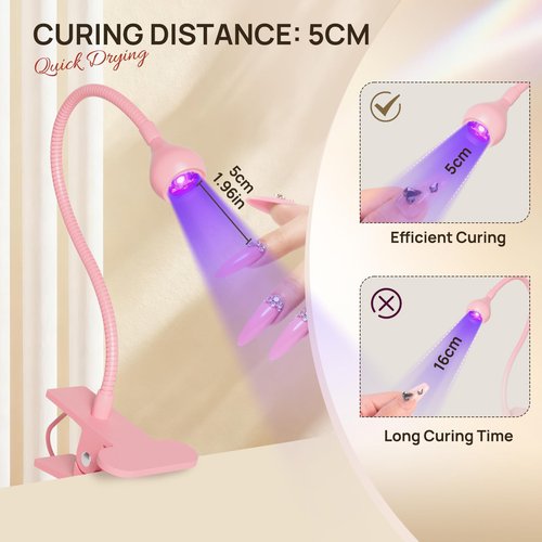 AORAEM UV LED Nail Lamp, Quick Drying UV Light for Gel Nails Foot Control LED Nail Cure Lamp, Flash Cure Light with Gooseneck and Clamp for Gel Nails, Pink