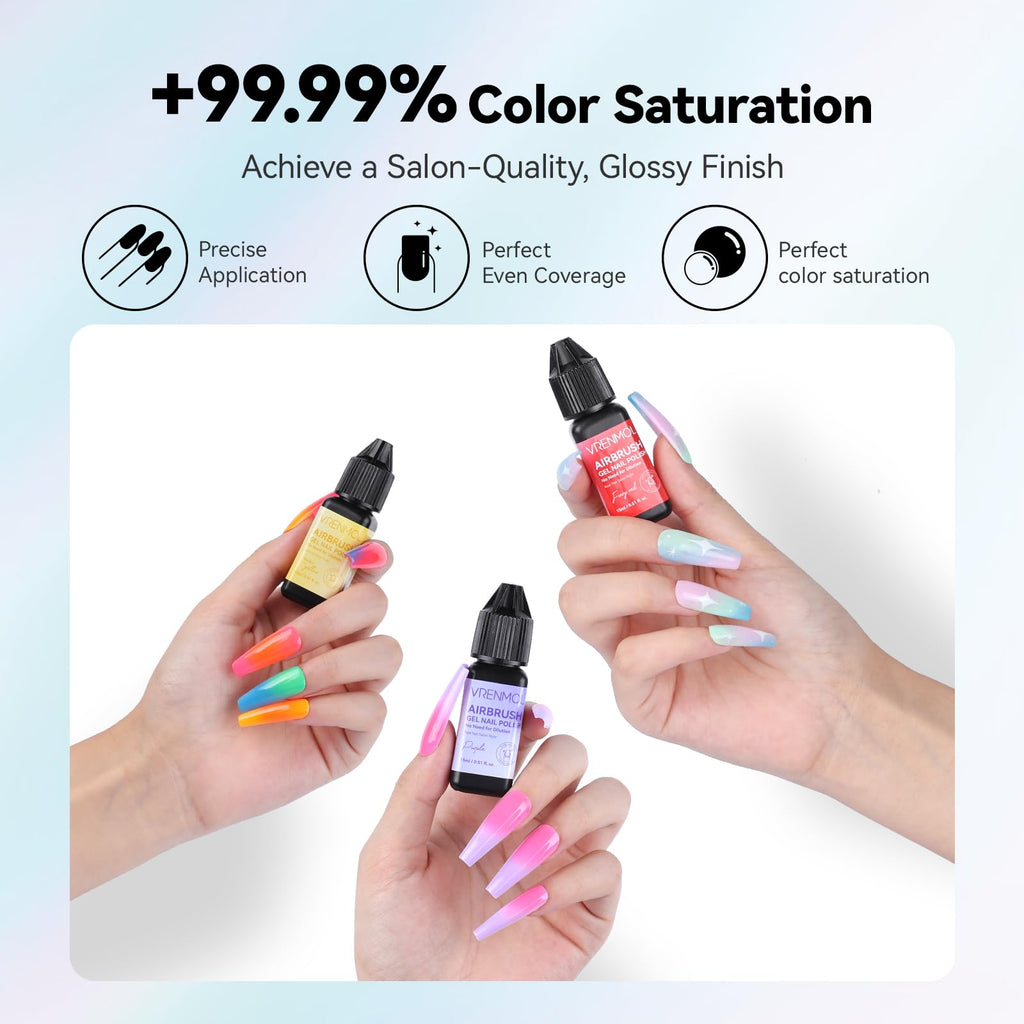 vrenmol 12PCS Airbrush Gel Nail Polish Hema-Free: No Need Dilution Airbrush Gel Nail Polish 12 Bright Colors Airbrush for Nails Paint Stencils Patterns Gradients Ombre French Nails Manicure Pedicure