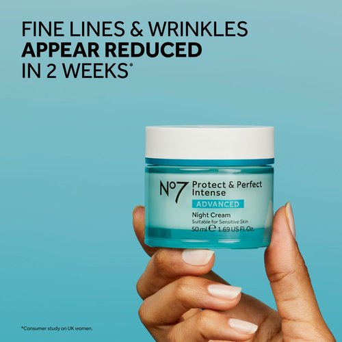 No7 Protect & Perfect Intense Advanced Night Cream Fragrance Free - Vitamin E & Shea Butter Face Cream - Fine Line Reducing Moisturizer with Collagen Peptide Technology (1.69 fl oz)