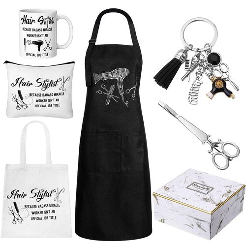 Coume 7 Pcs Hairdresser Gift Set for Women Hairstylist Apron Tote Bag Makeup Bag Mugs Scissors Charm Keychain Scissor Hair Clips and Box for Female Inspirational Appreciation Gifts