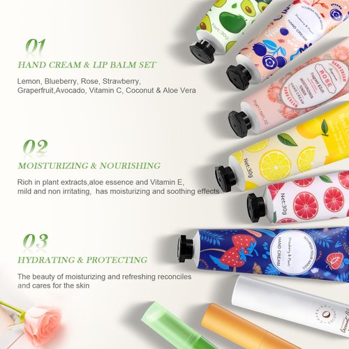 Lip Balm And Hand Cream Gift Set For Women, 6 Lip Balm Bulk + 6 Organza Bags + 6 Hand Lotion, Bridal Wedding Favor for Guests , Christmas Gifts Stocking Stuffers Teacher Appreciation Thank You Gifts