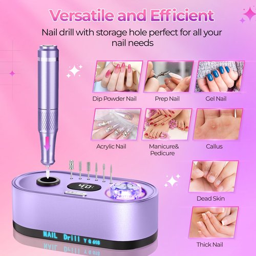 GOLEEXU Nail Drill Electric File: 40000RPM Professional E File Kit E File Machine Filer for Shaping, Buffing, Removing Acrylic Gel Nails, Manicure Pedicure Kit with 12Pcs Nail Bits, Home Salon Use