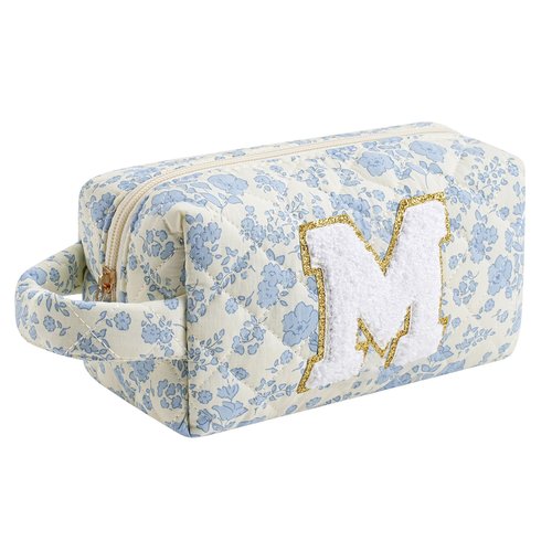 JOVAKIT Alphabet Makeup Bag Cosmetic Bag with handle for Women, Christmas Gifts for Girls Age 3-16, Floral Flowers Coquette Travel Toiletry Bag, Zipper Make Up Pouch Organizer Bag (Blue Floral M)