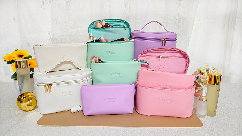 Violetline Travel Cosmetic Bag for Women, PU Leather Cosmetic Bag Set of 2, Waterproof, Large Makeup Bag with Handle (Light pink makeup bag)