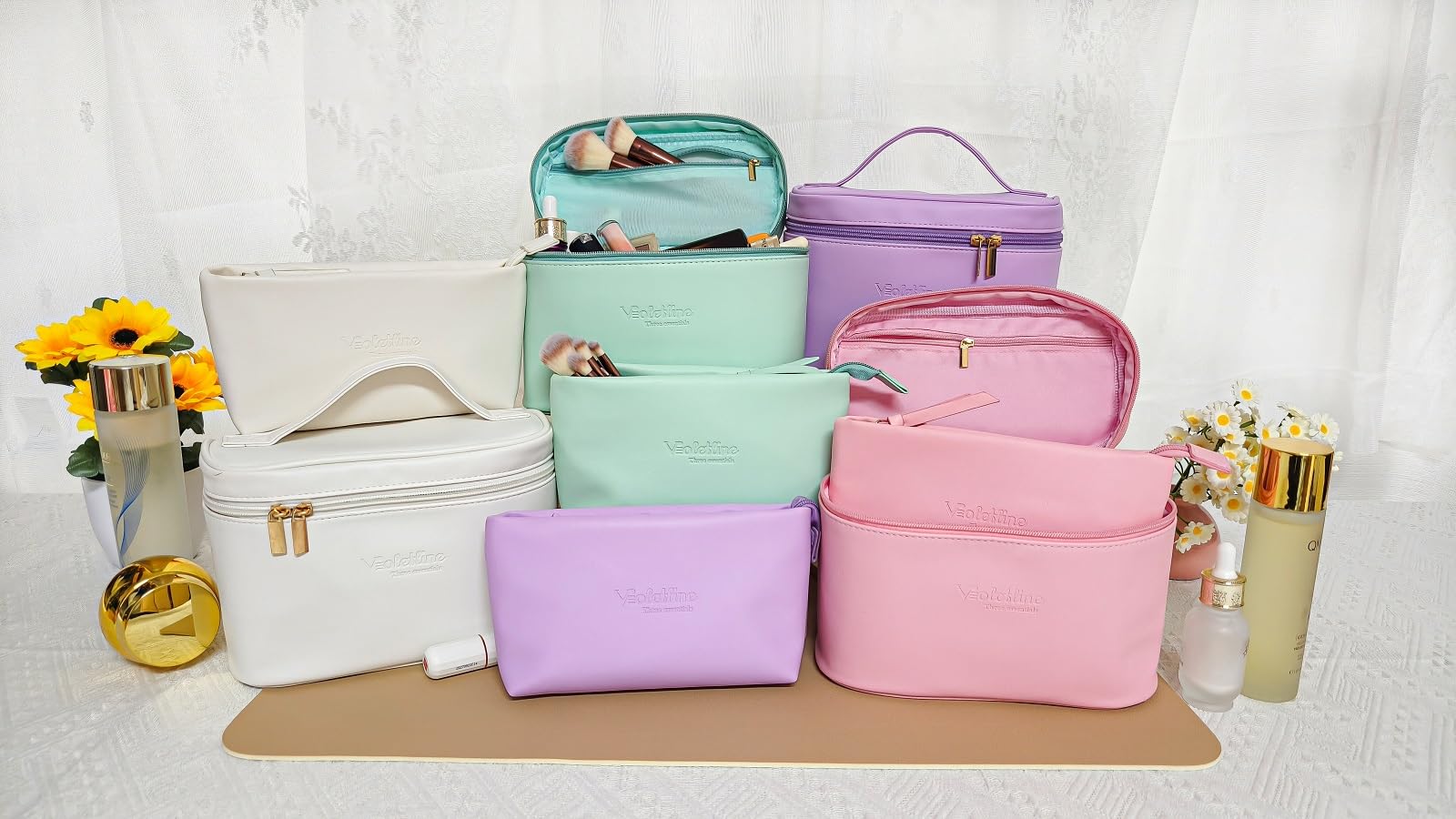 Violetline Travel Cosmetic Bag for Women, PU Leather Cosmetic Bag Set of 2, Waterproof, Large Makeup Bag with Handle (Light pink makeup bag)