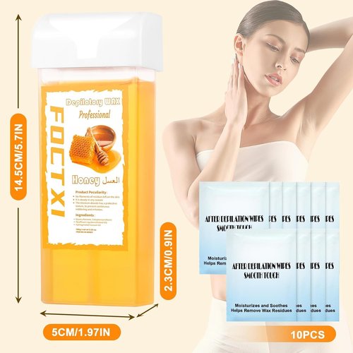 FOCTXI Wax Roller Kit Ｗax Cartridge, Roll On Wax for Hair Removal, Roll on Ｗax, 4 Honey Hair Removal Ｗax Cartridge and 10 Pack Cleaning Oil Wipes for Women