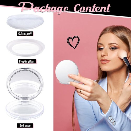 Cunhill Loose Powder Container Set - 2 Reusable Makeup Cases with Puff & Mirror | Pink & Silver, 0.17/0.7 oz