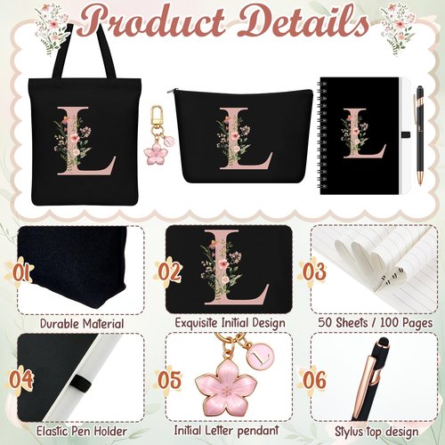 Talltalk 5 Pcs Personalized Women Gifts,Initial Tote Bag,Makeup Bag,Keyring,Notebook,Ballpoint,Black Alphabet Gifts for Women(Letter L)