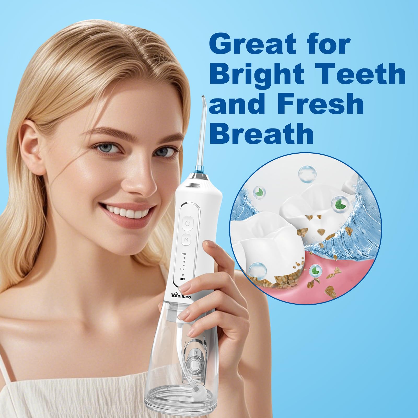 WellLeo Water Flosser for Teeth, 300ML Cordless Oral Irrigator Rechargeable Dental Flosser Picks with 5 Modes 5 Jet Tips,IPX7 Waterproof Teeth Cleaner for Braces Gum Care, Home Travel Use