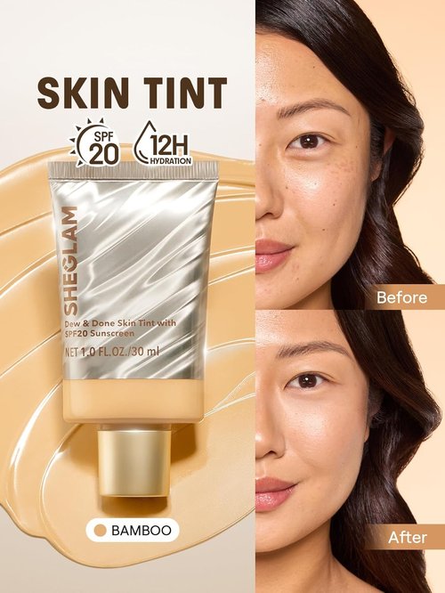 SheGlam Dew & Done Skin Tint - SPF 20 Light-Medium Coverage Foundation for Even Skin Tone | Bamboo