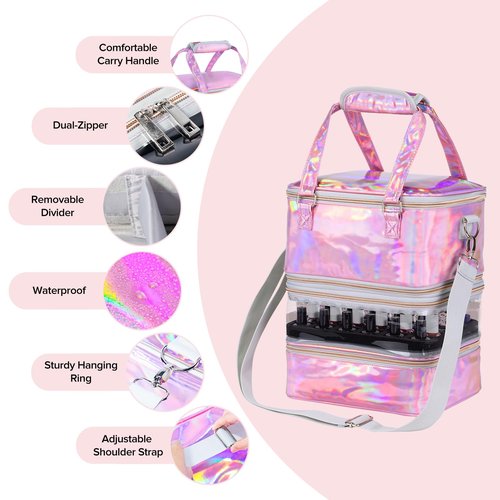 Nail Polish Organizer Case, 3 Layers Removable Nail Polish Storage Bag Holds 60 Bottles and Nail Lamp with Shoulder Strap Portable Holographic PU Leather Nail Kit Storage for Manicure Tools (Pink)