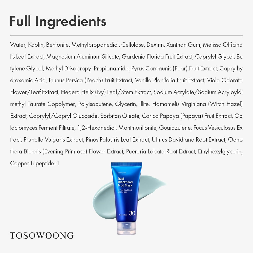 TOSOWOONG Real Blackhead Mud Mask - Pore-Purifying Clay for Deep Cleaning & Oil Control | 100g / 3.52oz