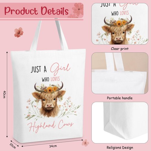 Sinmoe 5 Pcs Highland Cow Gift Set Women Christmas Highland Cow Lovers Stuff Canvas Tote Bag Makeup Bag Keychain Notebook Pen(Pink,Classic)