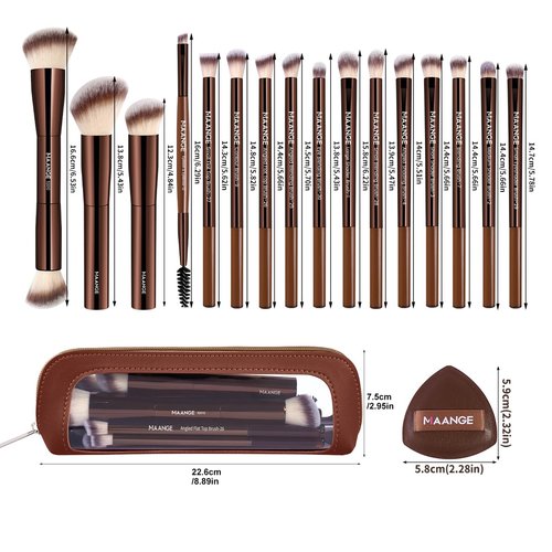 MAANGE Makeup Brush Set 19 PCS Travel Makeup Brushes Eyeshaowder Powder Concealers Foundation Professional Make Up Brush Set with Case (Coffee)
