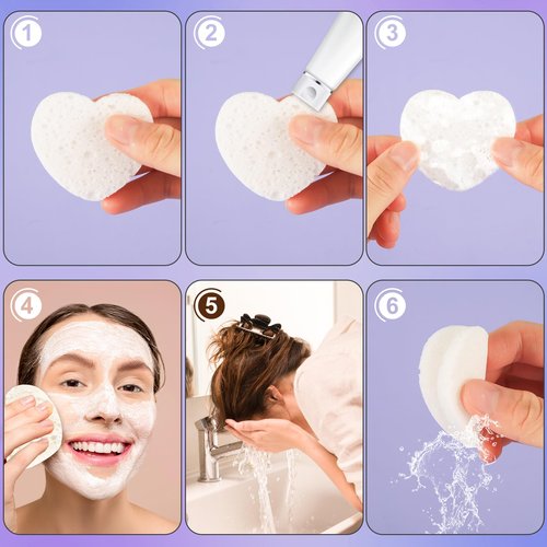 120pcs Facial Sponges, Compressed Facial Sponges with Container Heart Shape Face Sponges Sponge Pads for Face Cleaning Removing Makeup Exfoliating (White)