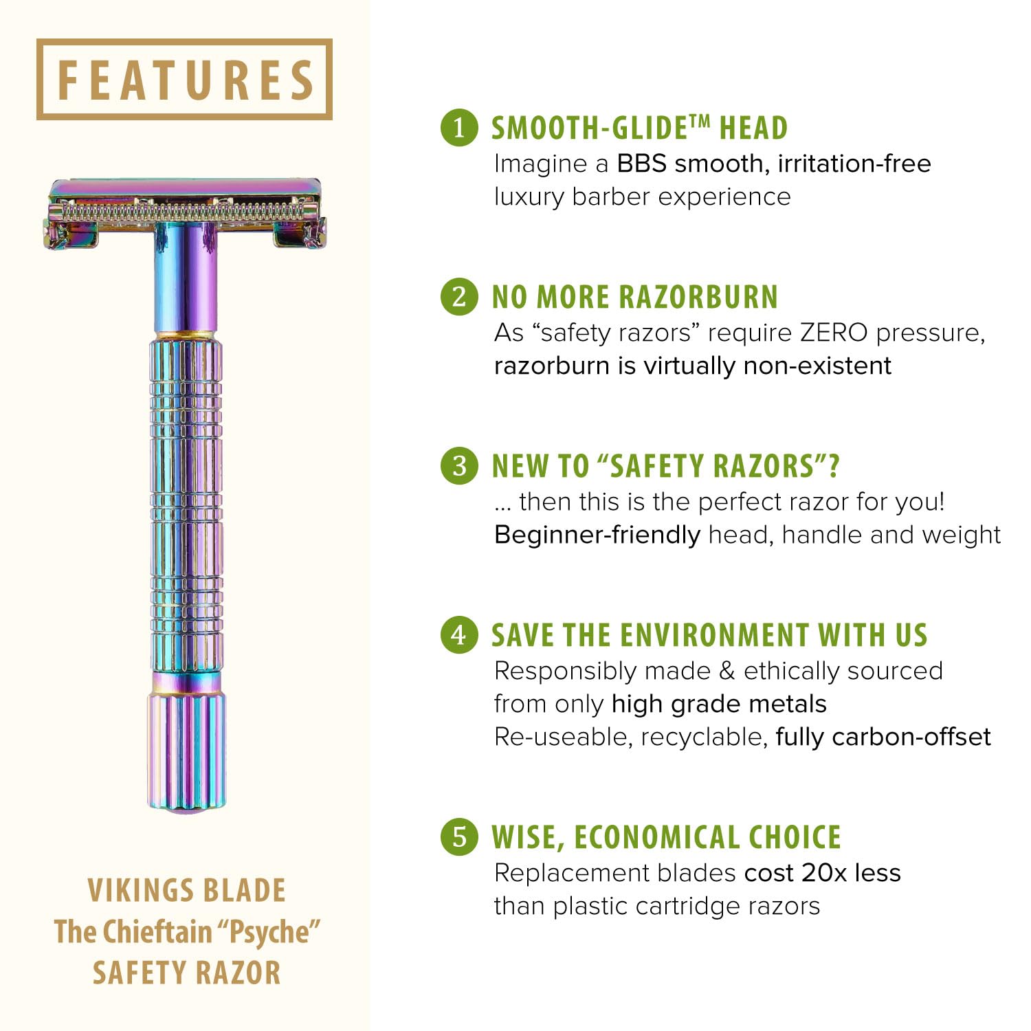 VIKINGS BLADE Safety Razor for Women + 5 Swedish Steel Blades. Quick Release Head, Double Edge. Smooth, Reusable, Recyclable (Model: Psyche)