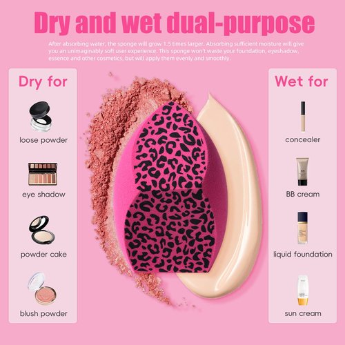 BS-MALL Dual-purpose Powder Puff & Makeup Sponge – Premium Makeup Sponge Set For Foundation, Loose Powder – Travel-friendly, Multi-purpose Portable Travel (Hot Pink Leopard print Sponge)
