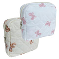 DMDFAN 2 Pack Small Quilted Cotton Makeup Bag for Purse, Cute Cosmetic Bag with Compartments Bows, Bear Pouch Travel Toiletry Bag, Small Essential Organizer Lipstick Holder (Bear+Bow)