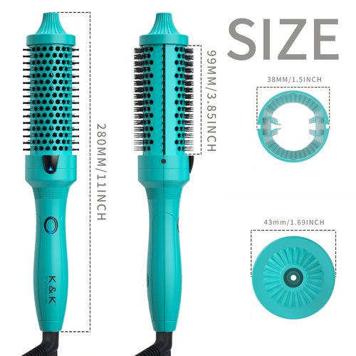 K&K Thermal Brush, Green 1.5 Inch Heated Round Curler, Professional Heated Curling Ceramic Tourmaline Ionic Curling Iron, Hot Styling Volumizing Brush, Dual Voltage