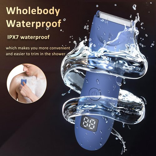 ENSSU Body Hair Trimmer for Men with Light, IPX7 Waterproof Ball Pubic Groin Hair Trimmer for Man with Ceramic Blade, Rechargeable Body Groomer for Men with Charing Dock,LED Display,Blue