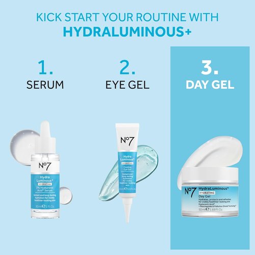No7 HydraLuminous+ Hydrating Day Gel Moisturizer - Hyaluronic Acid & Vitamin B3 for Skin Hydration | 1.69 Fl Oz