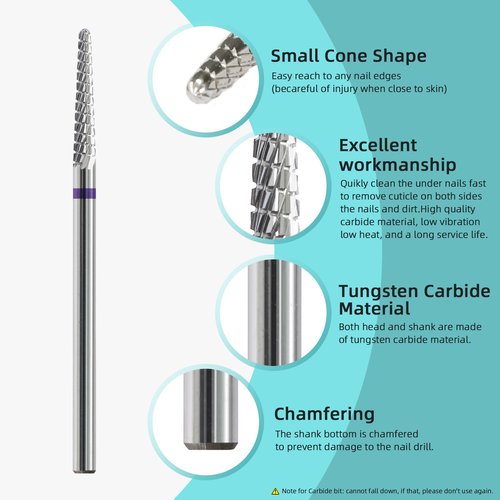 HYTOOS Small Cone Cuticle Clean Nail Drill Bits, 3/32" 2mm Conical Carbide Nail Bit, Professional Safety Under Nails Cleaner for Cuticle Dead Skin, Electric Manicure Accessories, Medium