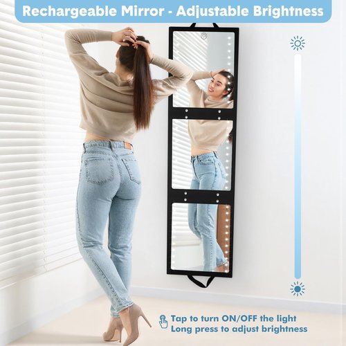 Fabuday Foldable Full Body Length Mirror with Light for Travel - Lighted Rechargeable Trifold Hanging Long Mirror, Folding Portable Tall Mirrors for Camping, RV, Dance, Dressing, Over The Door