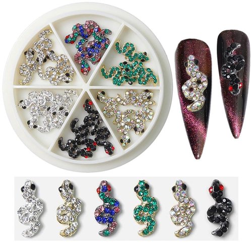 Nail Snake Charms - 6 Colours Gems Snake Nail Charms - 3D Diamonds Serpent Nail Charms Accessories, Punk Nail Snake Charms for Nails Making DIY Supplies