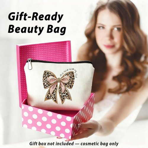 LIANGW Coquette Leopard Print Bow Christian Makeup Bag, She Is Worthy Blue Girly Cosmetic Bags for Women, Christian Gifts for Women, Preppy Aesthetic Zipper Makeup Pouch