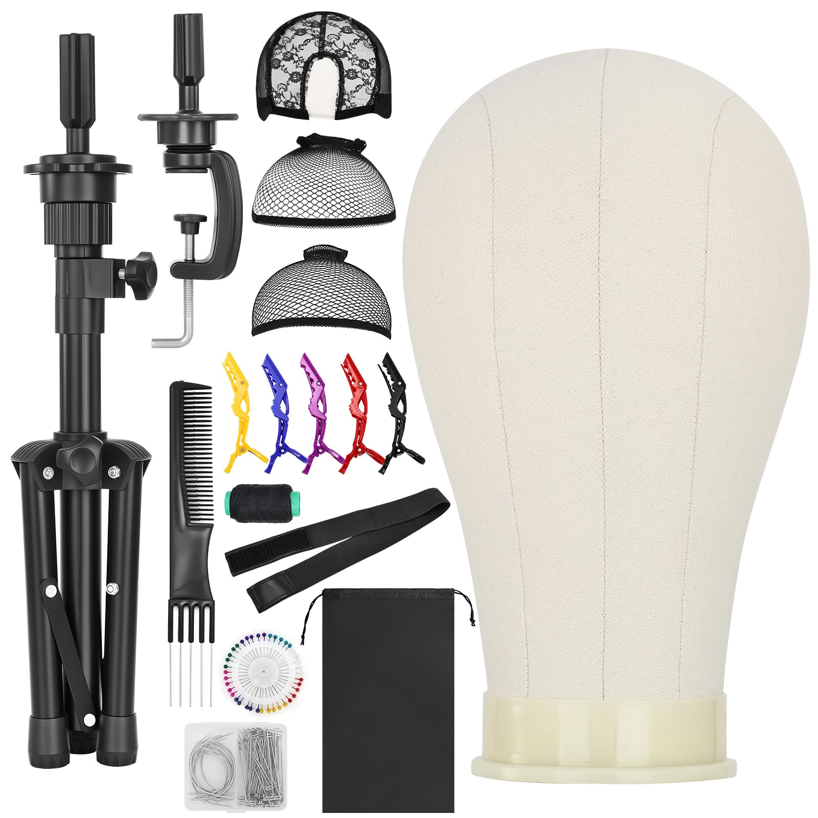 Yekavo Wig Stand with Head 23", Height Adjustable Tripod Stand 30", Wig Head Stand with Canvas Block Mannequin Head, Include Table Clamp Stand, Wig Caps, T Pins for Wigs Styling, Making & Display