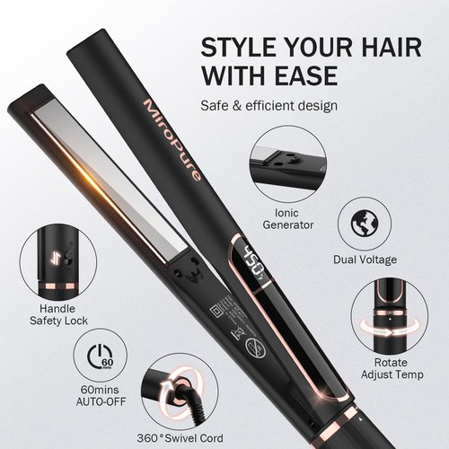 MiroPure Flat Iron Hair Straightener, 1 Inch Titanium Plates Hair Straightener with 15S Heat-up, Professional MCH Ceramic Negative Ion Hair Iron Dual Voltage for Women Hair with Auto Shut-Off F oH