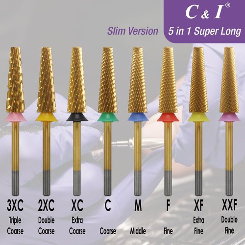 C&I 5 in 1 Nail Drill Bit Super Long Slim Efile Professional Nail Bits Nail Tech Must Have for Extension Nails Acrylic Powder Hard Gel Nail Tip Cuticle Remover Nail Supplies (Double Fine -XXF)