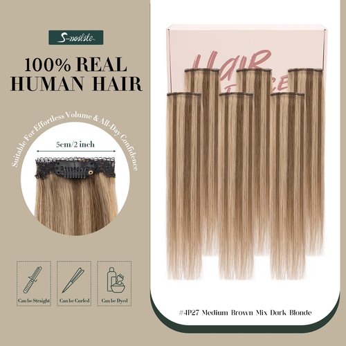 Short Hair Extensions Clip ins,S-noilite Short Clip in Hair Extensions Real Human Hair,Mini Hairpieces for Add Volume and Highlights,6 Pieces 33g 12 inch Medium Brown Mixed Dark Blonde