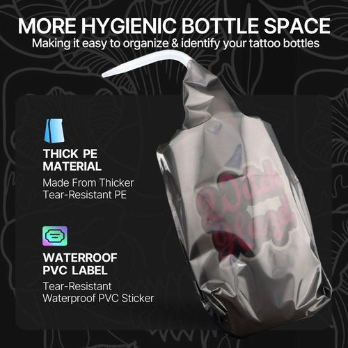 350pcs Wash Bottle Bags with 6pcs Sticker Labels - Tattoo Bottle Bags for 500ml/16.9oz, 6.0×9.4 Inch Plastic Covers, Professional Tattoo Supplies & Accessories (Black)