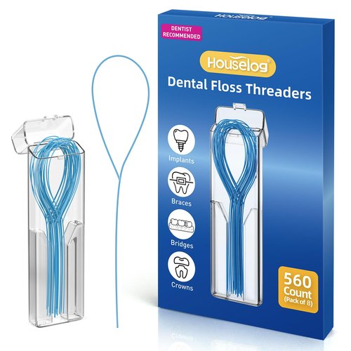 Houselog Floss Threaders | 560 Count Dental Floss Threaders for Braces,Bridges,and Implants with Portable Travel Case (Pack of 8)