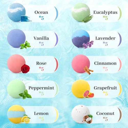 TranquilBliss Bath Bombs Set 50 PCS with 10 Rich Scents, Bath Bombs for Women, Natural Bubble Bombs with Shea Butter & Safe Oil, Ideal for Valentine's Day, Christmas, Birthday, Mother's Day Present