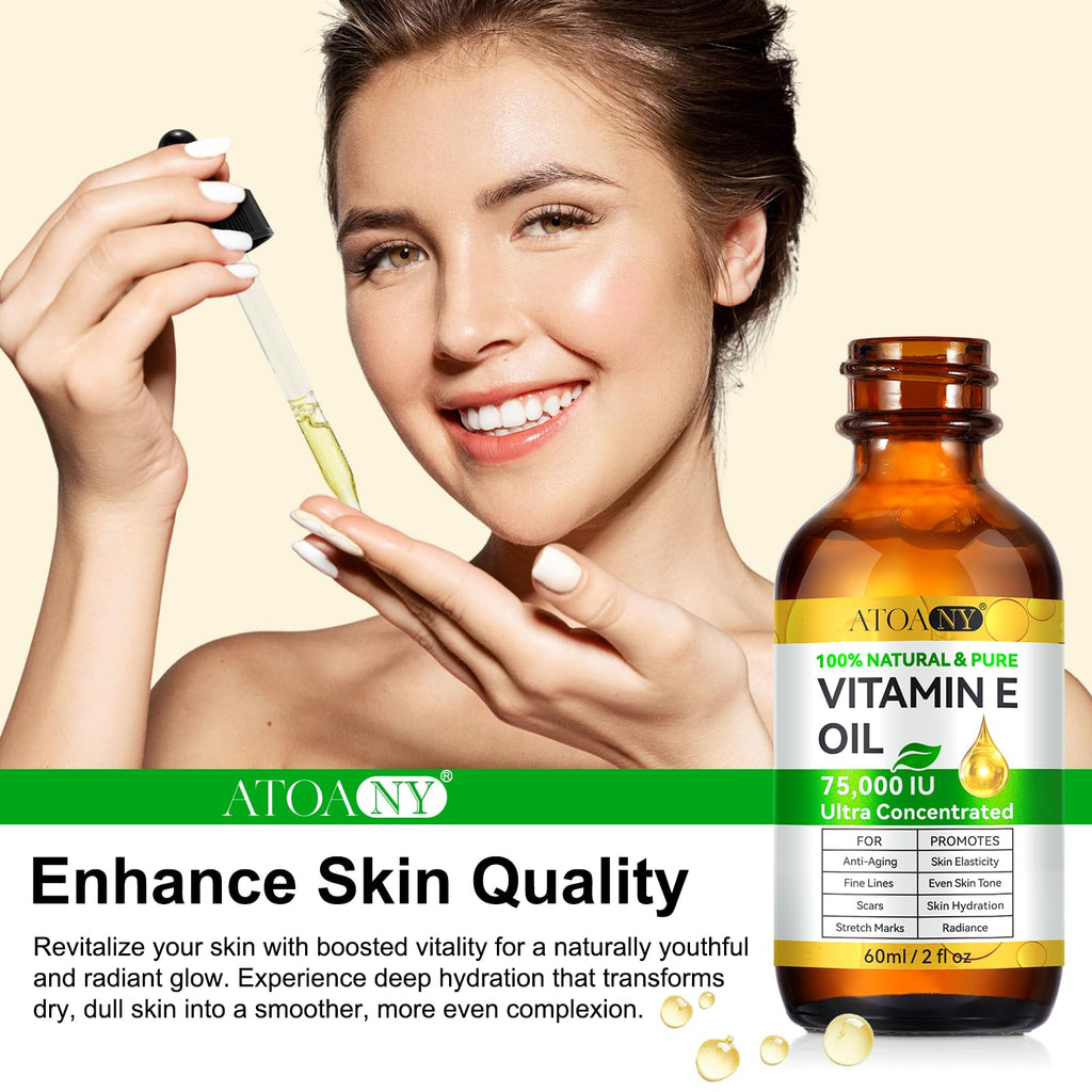 Vitamin E Oil 75,000 IU 2 Pack - 100% Pure Vitamin E Oil for Skin, Face, Hair, Body - Natural Antioxidant for Dryness, Wrinkles, Scars & Stretch Marks, Deep Hydration for Soft, Glowing Skin