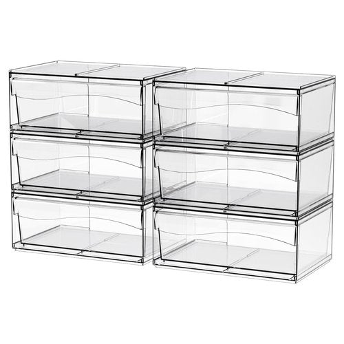 6 Pack Clear Stackable Storage Drawers,12"W Large Bathroom Makeup Organizer and Pen,Sunglass,Medicine,Baby Bottle Organizer,Plastic Pull Out Storage Bins for Desk,Under Cabinets,Vanity Countertop