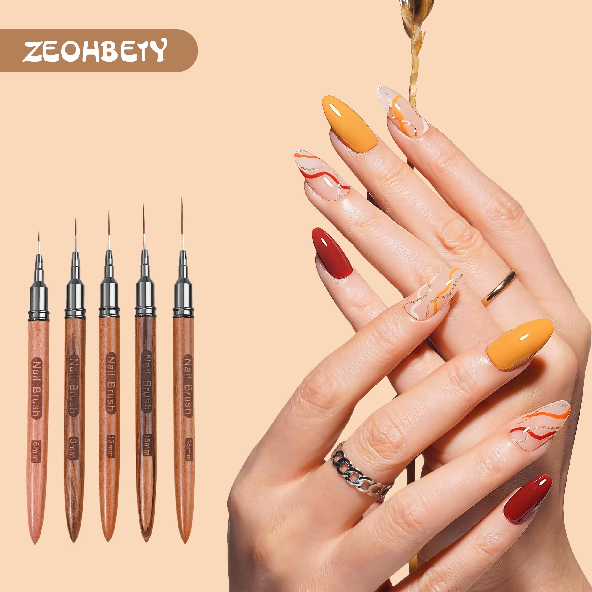 ZEOHBETY Wooden Nail Art Brushes, 5Pcs Nail Art Liner Brushes, Painting Art Design Brush Set Nail Dotting Drawing Tool for Long Lines, Thin Details, Fine Drawing Sizes 6/9/12/15/18mm, Natural